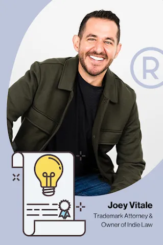 Smiling man in a dark jacket sits against a light background with a registered trademark symbol. Text reads: Joey Vitale, Trademark Attorney & Owner of Indie Law.