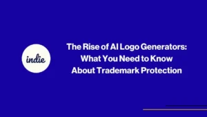 Blue background with white text reading The Rise of AI Logo Generators: What You Need to Know About Trademark Protection and a white circle on the left with the word indie inside. Thin yellow and white lines at the bottom right.
