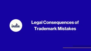 A blue slide with the word indie in a white circle on the left and the text Legal Consequences of Trademark Mistakes in bold white letters on the right. Thin yellow lines are at the bottom right corner.