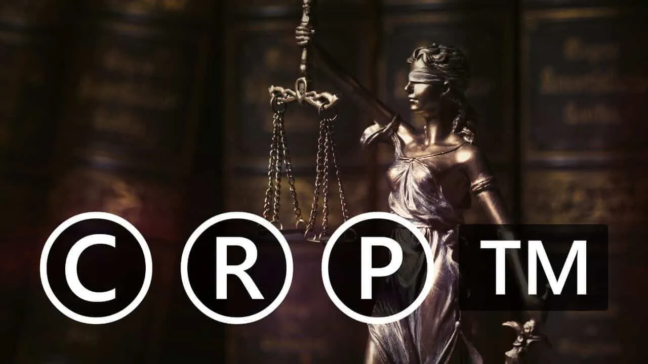 A bronze statue of Lady Justice holding scales is in focus, with large copyright, registered, and trademark symbols displayed in front of her. The background is dark with blurred legal books.