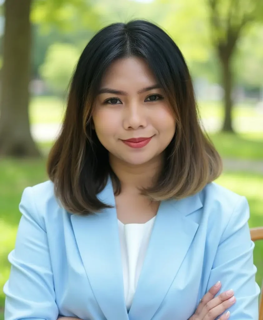 A woman with shoulder-length dark hair wearing a light blue blazer and white top stands outdoors with arms crossed, trees and greenery in the background.