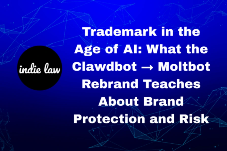 Blue background with network lines, indie law logo, and white text: "Trademark in the Age of AI: What the Clawdbot → Moltbot Rebrand Teaches About Brand Protection and Risk.