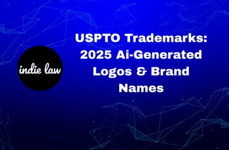 A blue background with digital lines features the text "USPTO Trademarks: 2025 Ai-Generated Logos & Brand Names" and a black circle with the words "indie law," highlighting USPTO Trademarks in the world of AI branding.