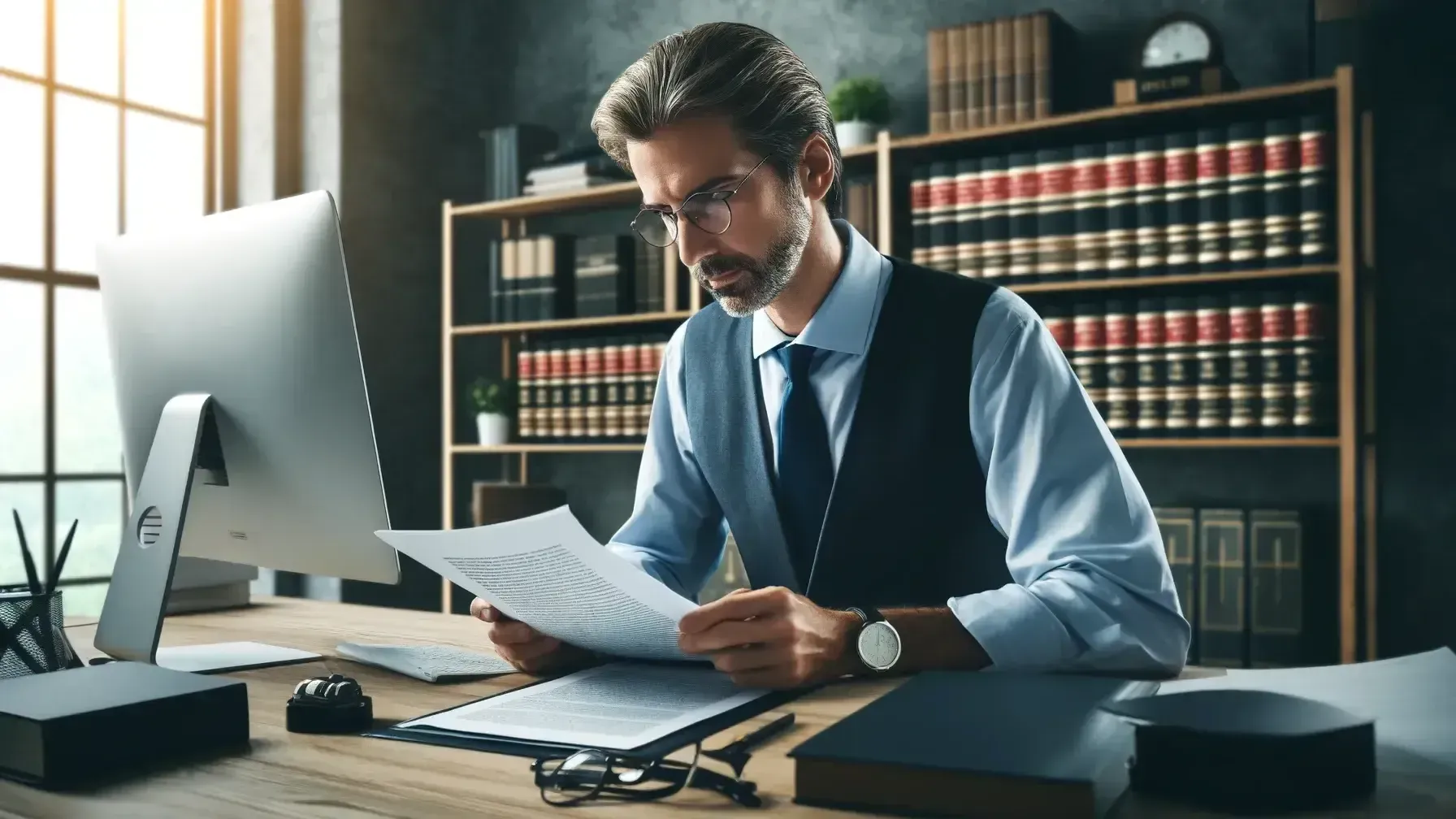 A man in formal attire sits at a desk in an office filled with bookshelves, reading documents. An open computer, eyeglasses, and books are on the desk, suggesting a professional or legal work environment.