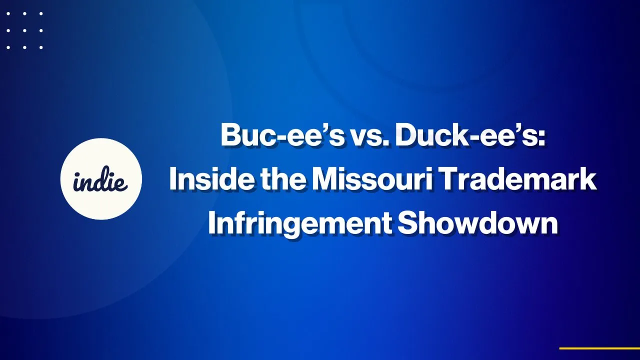 A blue graphic with the indie logo on the left and white text that reads: “Buc-ee’s vs. Duck-ee’s: Inside the Missouri Trademark Infringement Showdown.”.