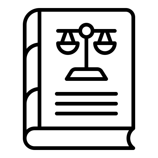 Black and white icon of a book with a scales of justice symbol and horizontal lines on the cover, representing legal or law-related content.