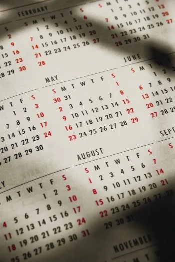 A close-up of a printed calendar, featuring the months of February, May, June, and August. Days are written in black, Sundays highlighted in red—some partially covered by shadows and small trademarks printed discreetly on the page.